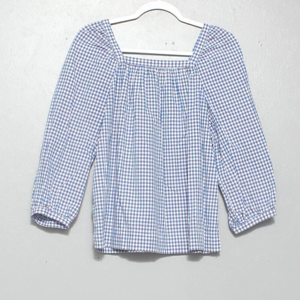 J crew white blue micro plaid puff sleeve cotton blouse